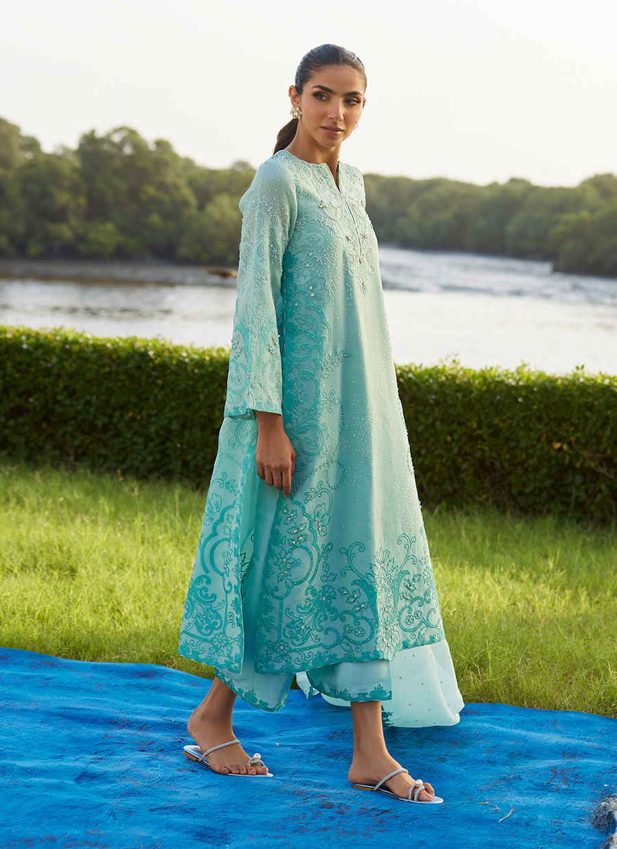 Farah Talib Aziz | Mayna Festive Luxe Pret | Wari Aqua Kurta And Dupatta - Official Farah Talib Aziz - Agha Fabrics UK