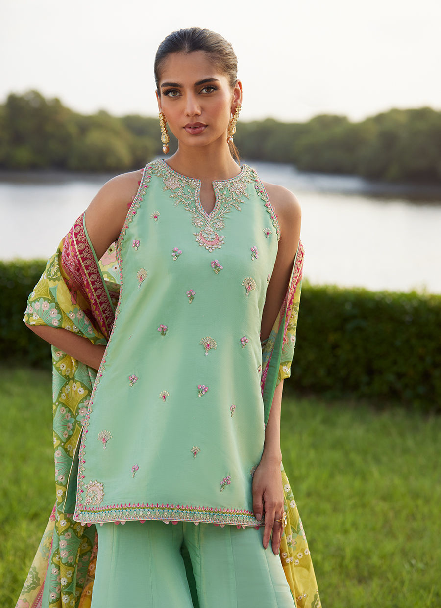 Farah Talib Aziz | Mayna Festive Luxe Pret | Cascade Mint Shirt And Dupatta - Official Farah Talib Aziz - Agha Fabrics UK