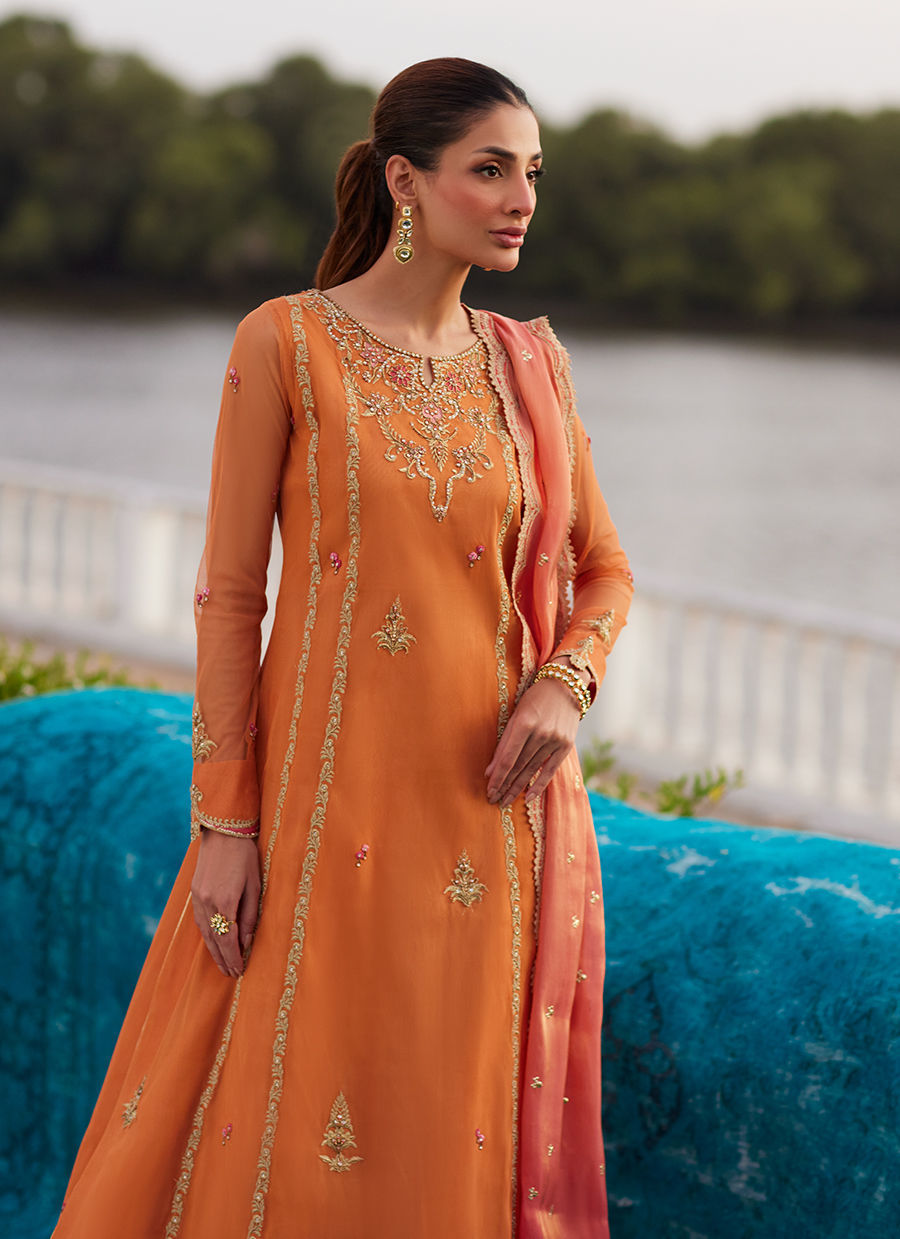Farah Talib Aziz | Mayna Festive Luxe Pret | Anarkali Apricot Kalidaar And Dupatta - Official Farah Talib Aziz - Agha Fabrics UK
