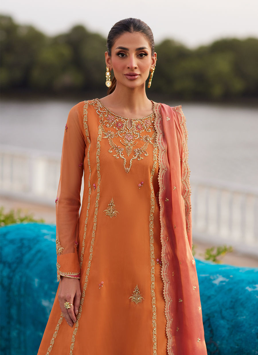 Farah Talib Aziz | Mayna Festive Luxe Pret | Anarkali Apricot Kalidaar And Dupatta - Official Farah Talib Aziz - Agha Fabrics UK