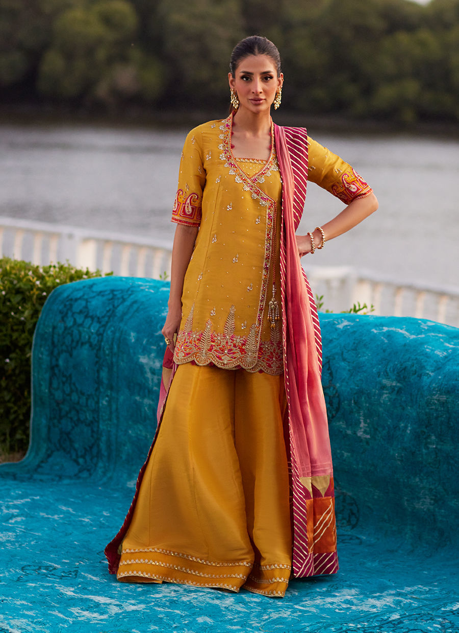 Farah Talib Aziz | Mayna Festive Luxe Pret | Henna Saffron Angharkha And Dupatta - Official Farah Talib Aziz - Agha Fabrics UK