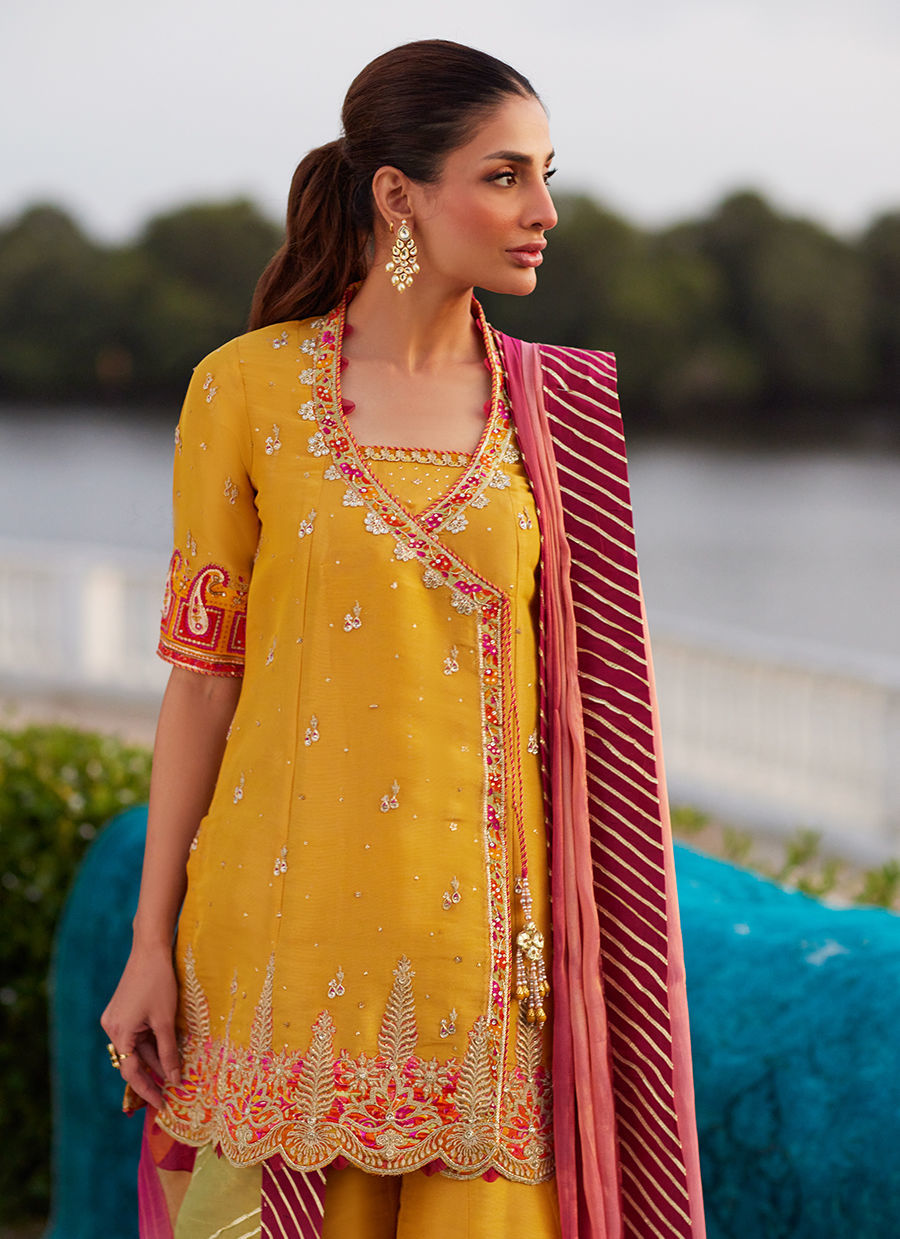 Farah Talib Aziz | Mayna Festive Luxe Pret | Henna Saffron Angharkha And Dupatta - Official Farah Talib Aziz - Agha Fabrics UK