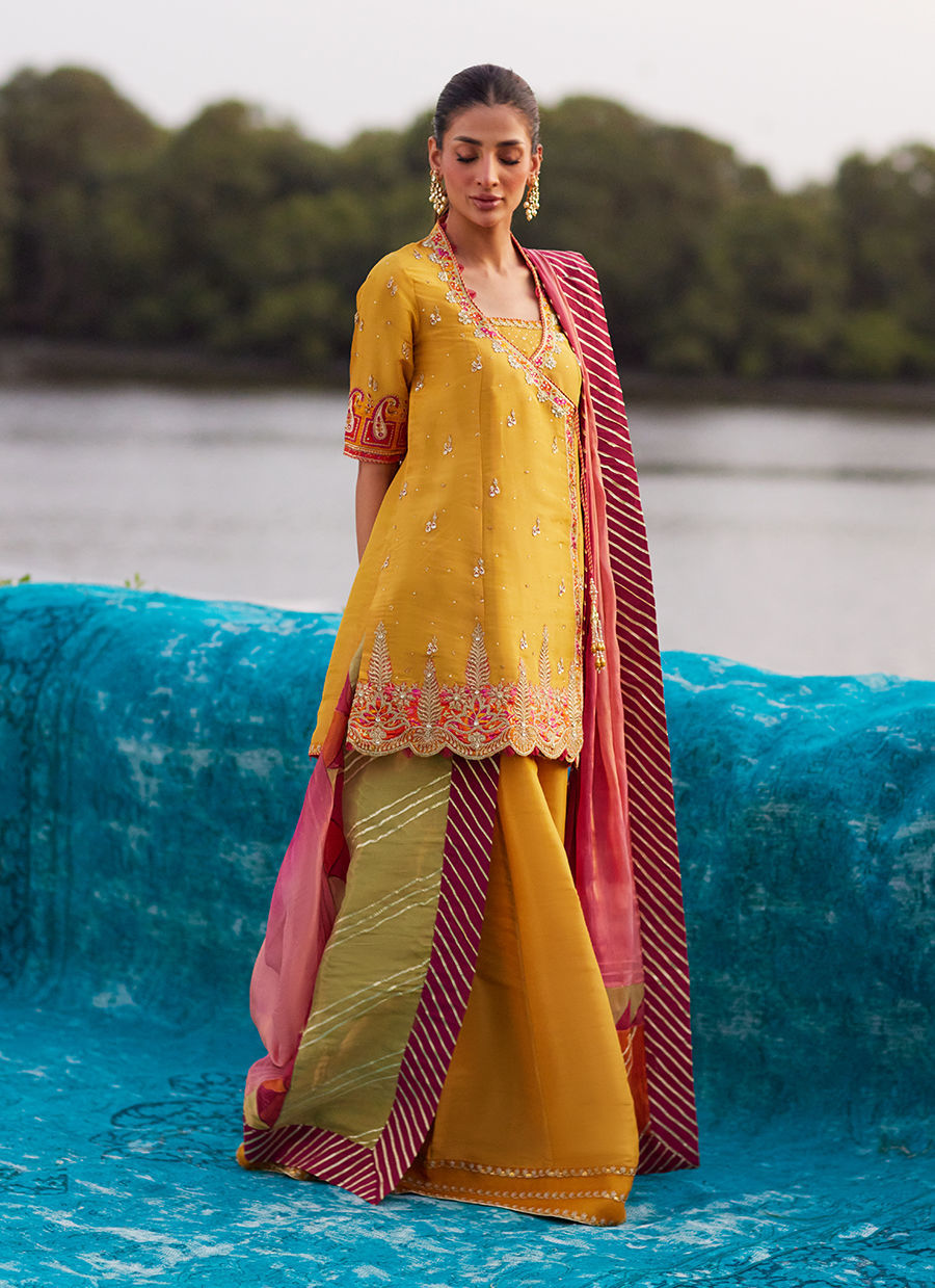 Farah Talib Aziz | Mayna Festive Luxe Pret | Henna Saffron Angharkha And Dupatta - Official Farah Talib Aziz - Agha Fabrics UK