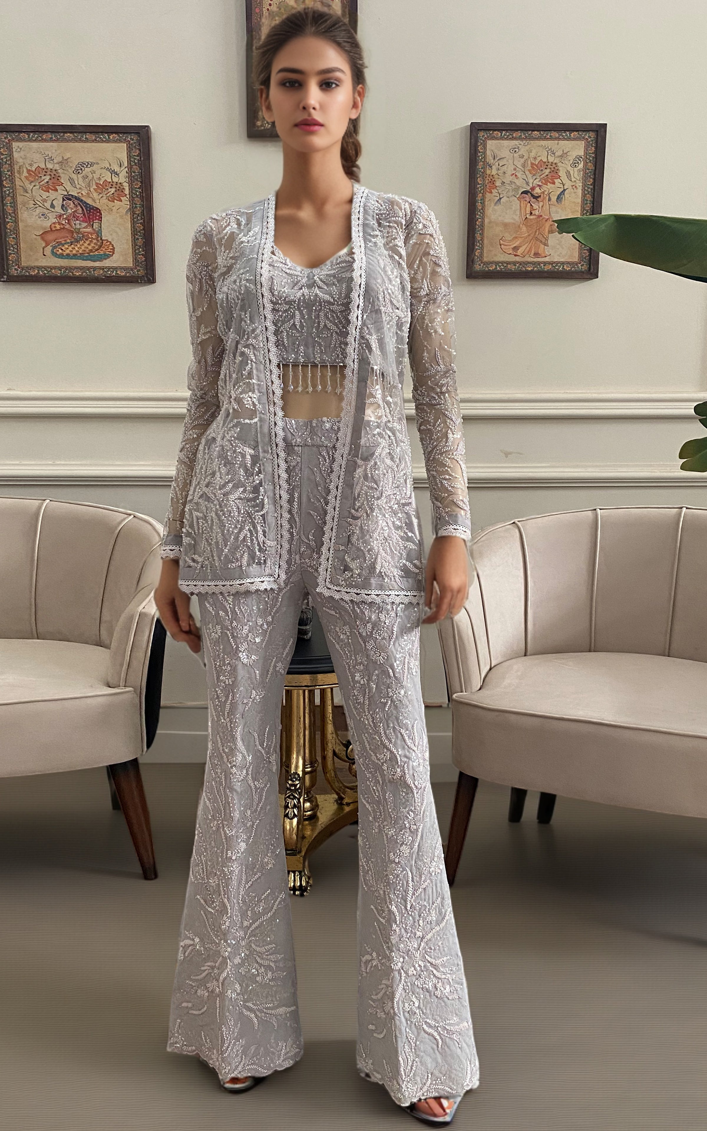 Threads and Motifs | Formal Dresses 25 | Net Embroidered Jacket With Embroidered Trouser