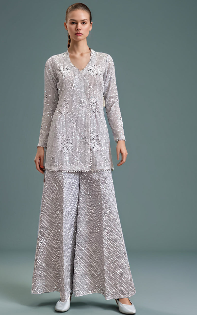 Threads and Motifs | Formal Dresses 25 | Chiffon Chikankari Embroidered Angrakha with Net embroidered trouser