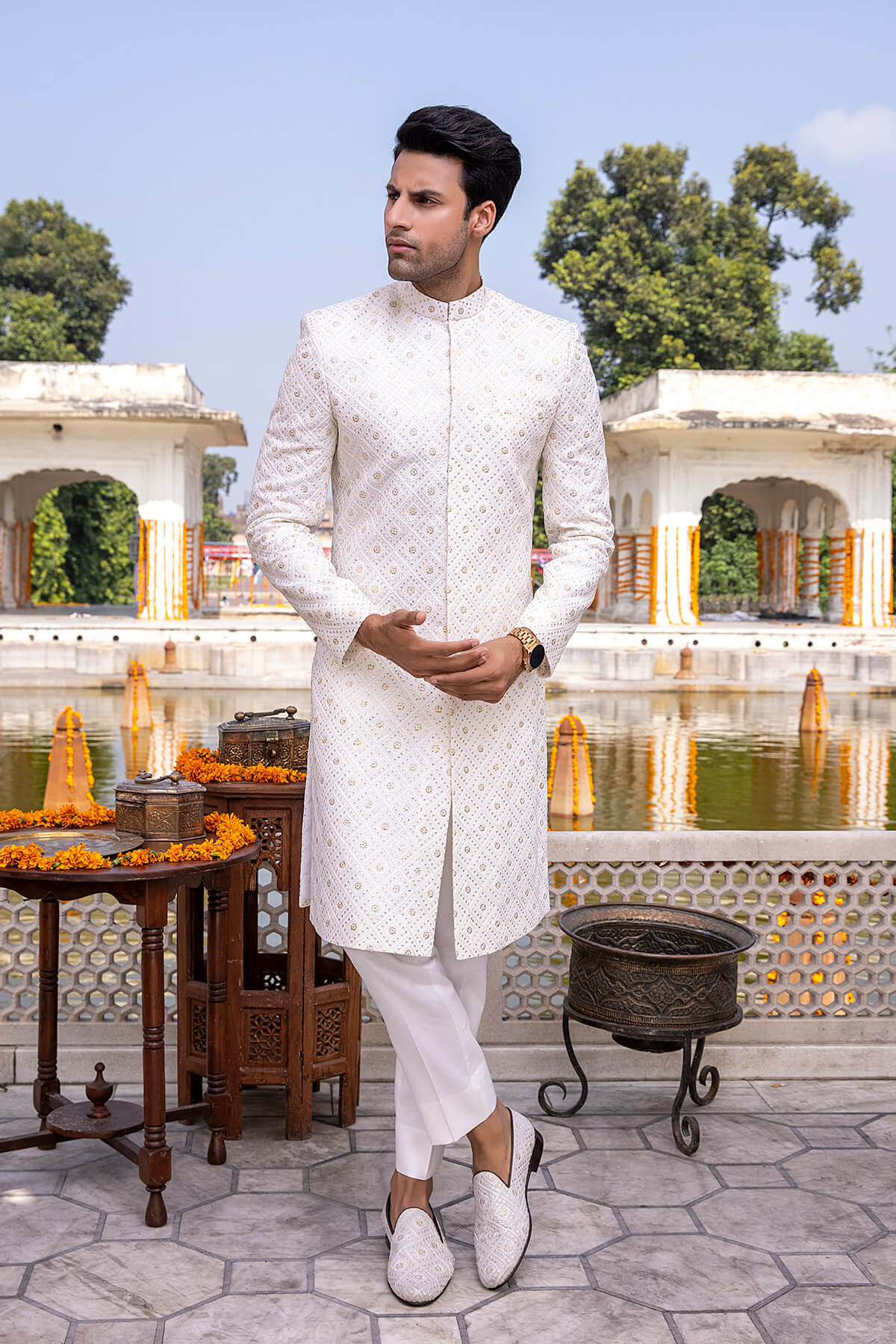 Pakistani Menswear | Mina Kashif | Sherwani D-07 - Official Agha Fabrics - Agha Fabrics UK