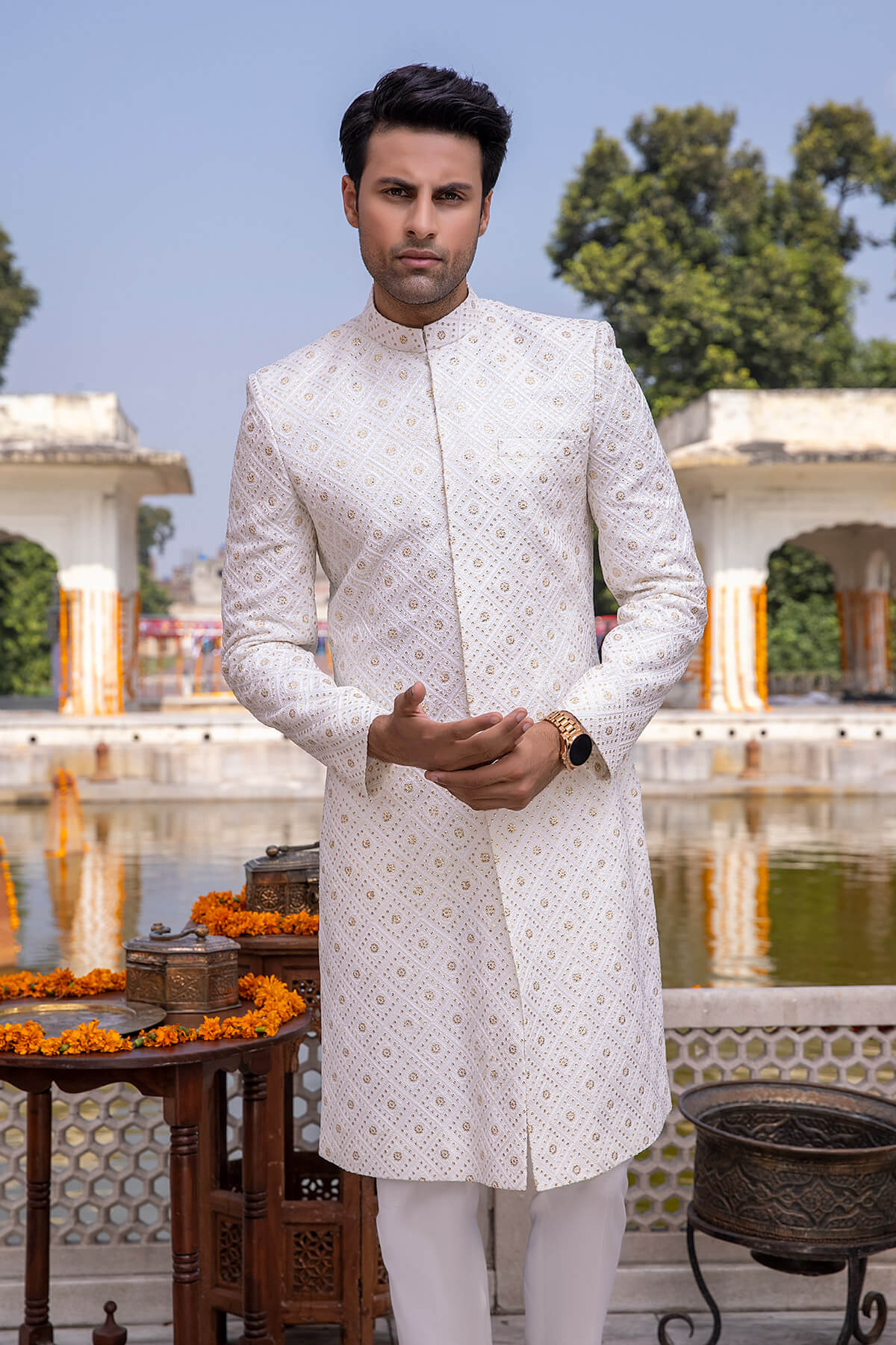 Pakistani Menswear | Mina Kashif | Sherwani D-07 - Official Agha Fabrics - Agha Fabrics UK