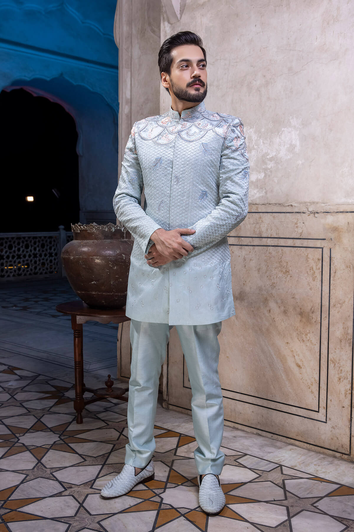 Pakistani Menswear | Mina Kashif | Sherwani D-09 - Official Agha Fabrics - Agha Fabrics UK
