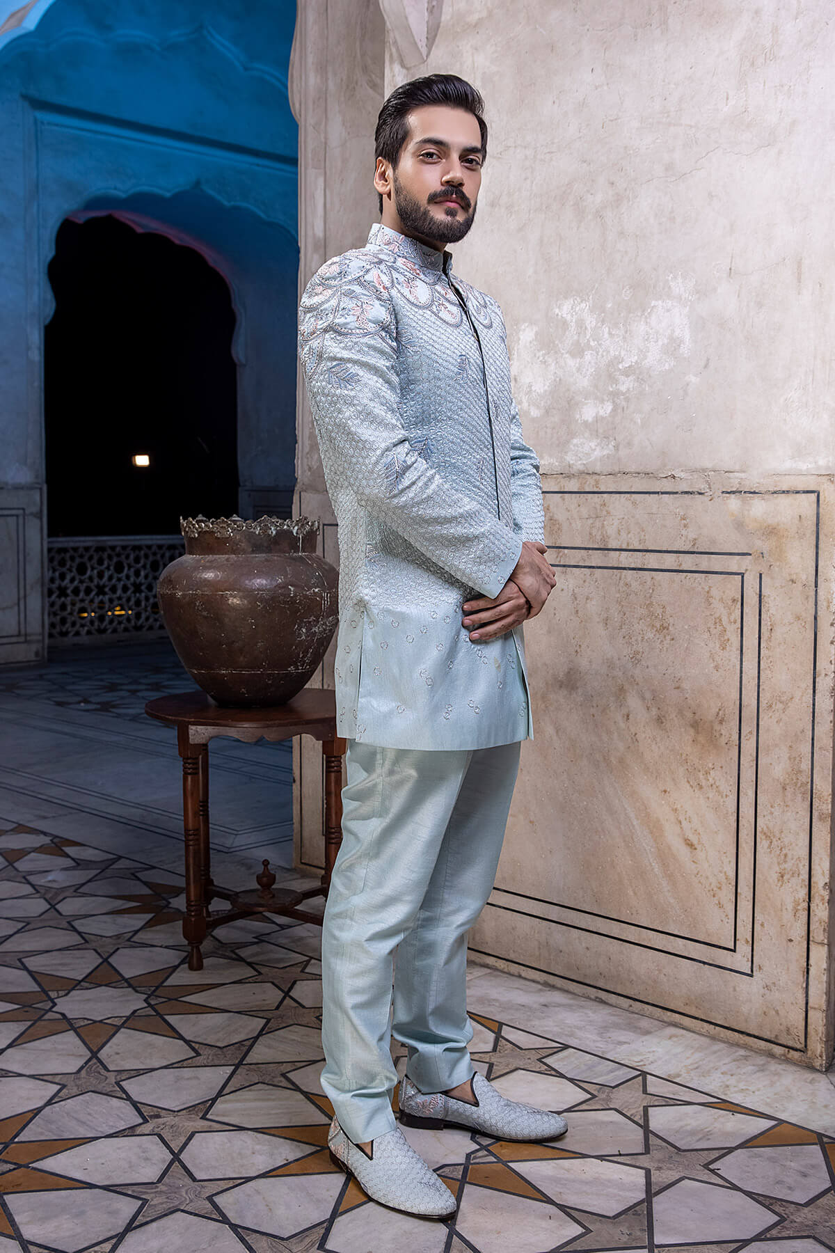 Pakistani Menswear | Mina Kashif | Sherwani D-09 - Official Agha Fabrics - Agha Fabrics UK