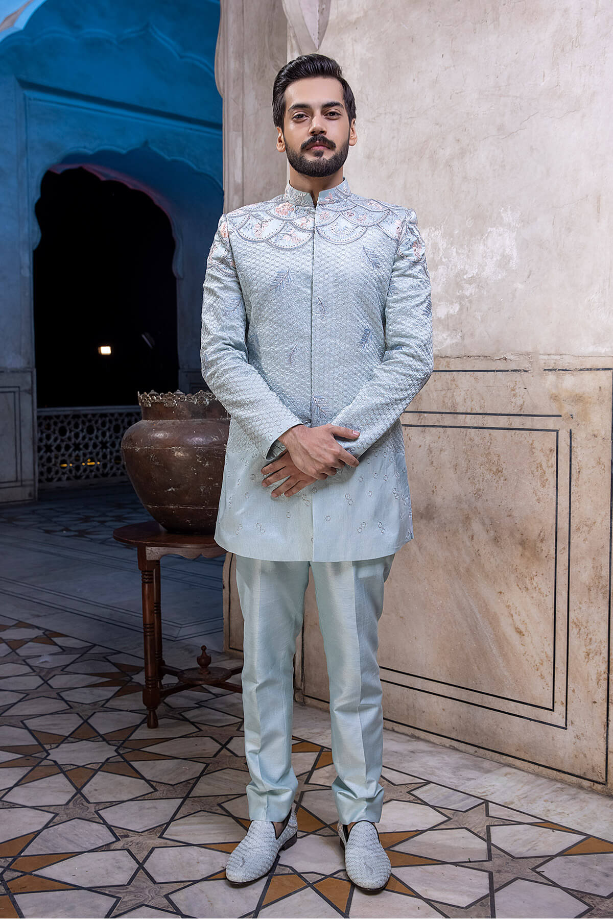 Pakistani Menswear | Mina Kashif | Sherwani D-09 - Official Agha Fabrics - Agha Fabrics UK
