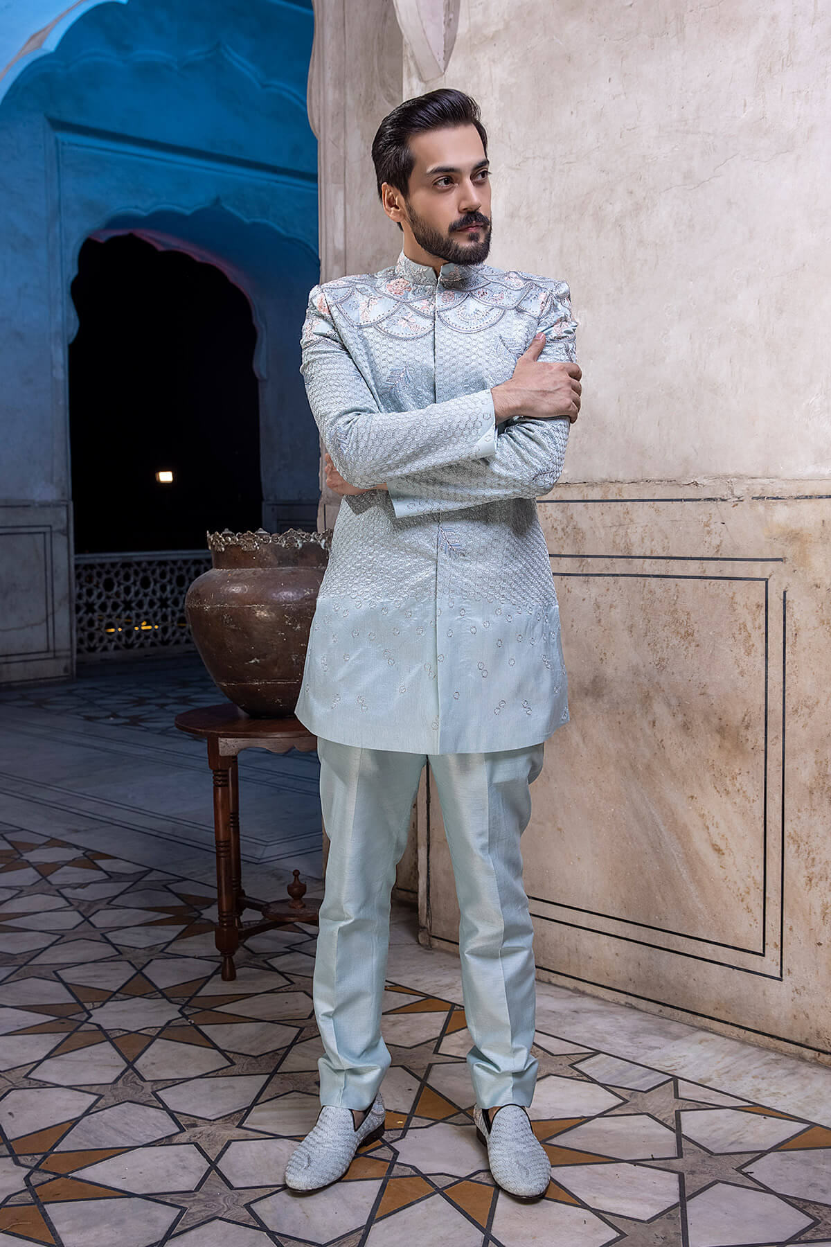Pakistani Menswear | Mina Kashif | Sherwani D-09 - Official Agha Fabrics - Agha Fabrics UK
