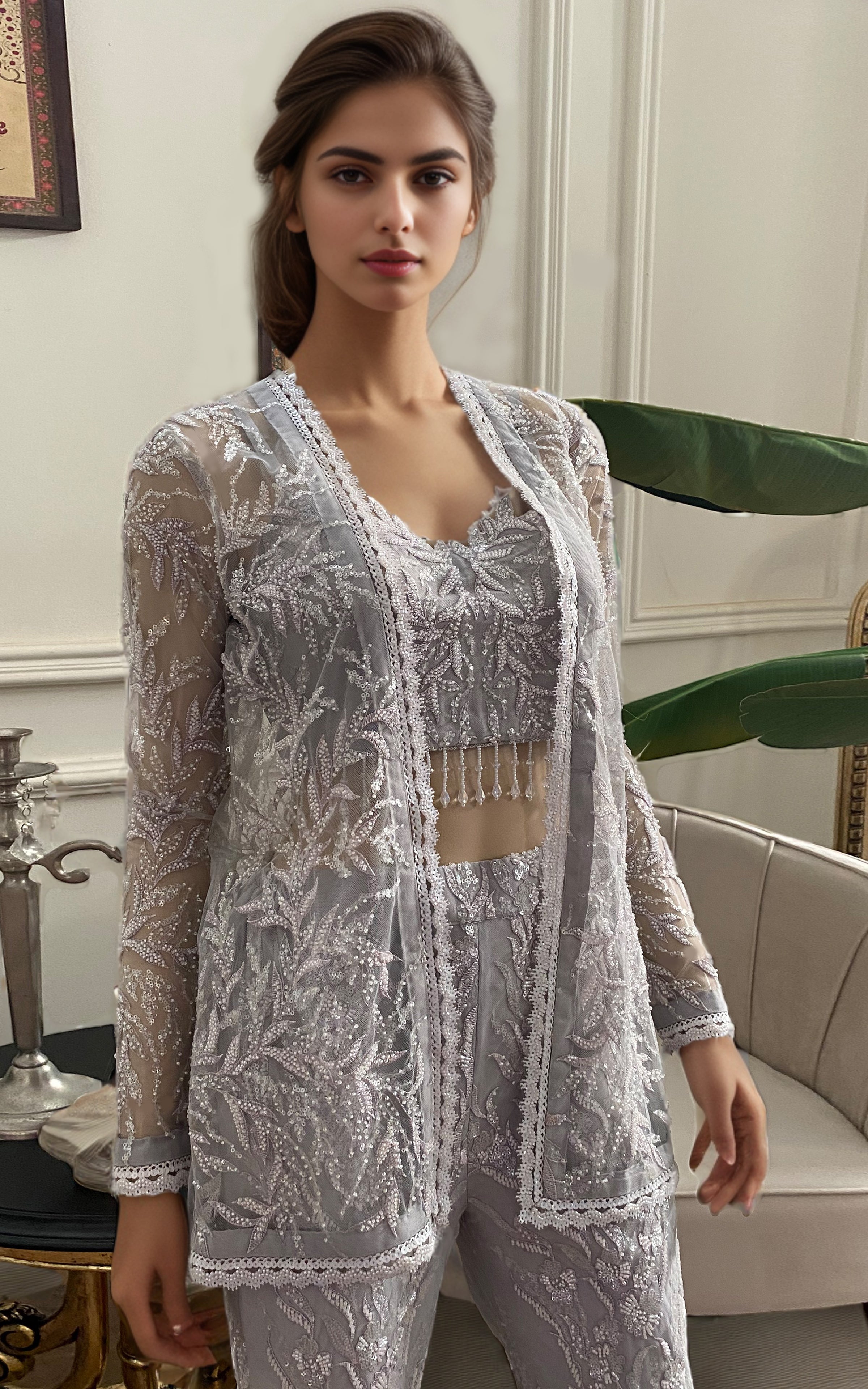 Threads and Motifs | Formal Dresses 25 | Net Embroidered Jacket With Embroidered Trouser