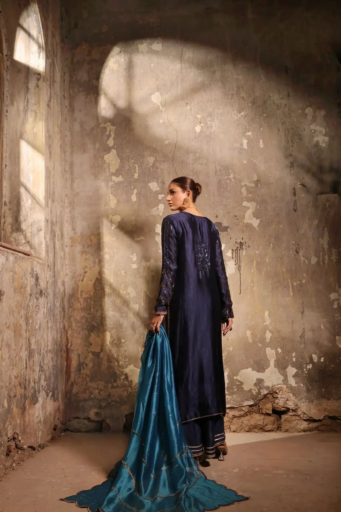 Wahaj M Khan | Banno Wedding Formals | Navy Slit Bano Silk