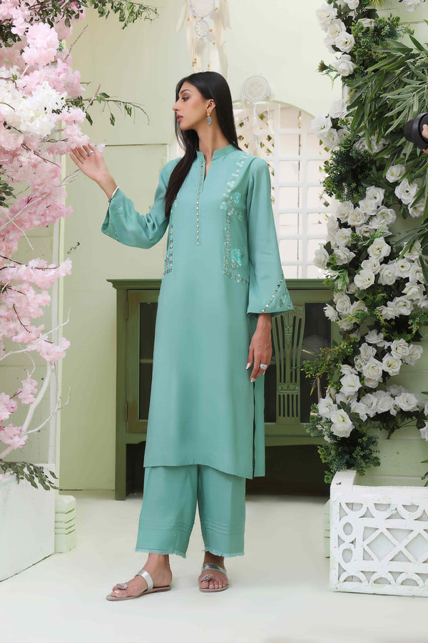 Wahajmkhan | Sitara Formals | SEA GREEN RAWSILK OUTFIT