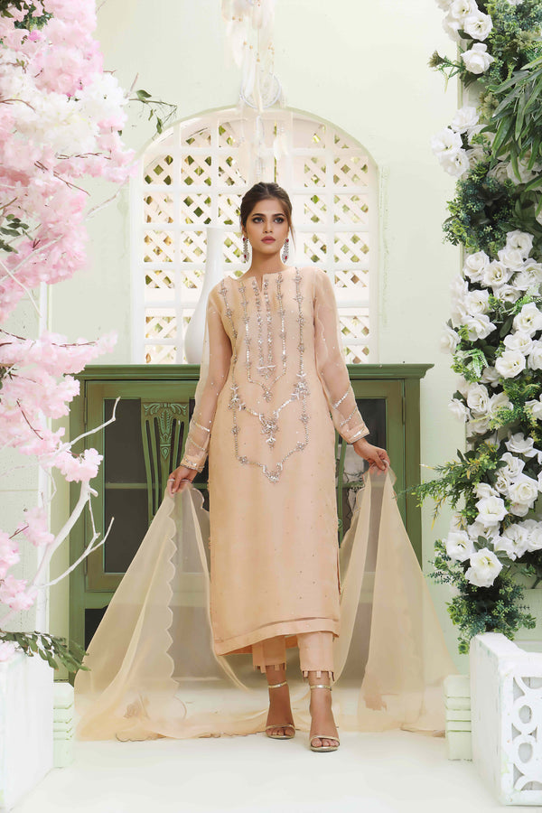Wahajmkhan | Sitara Formals | NUDE PEACH ORGANZA OUTFIT