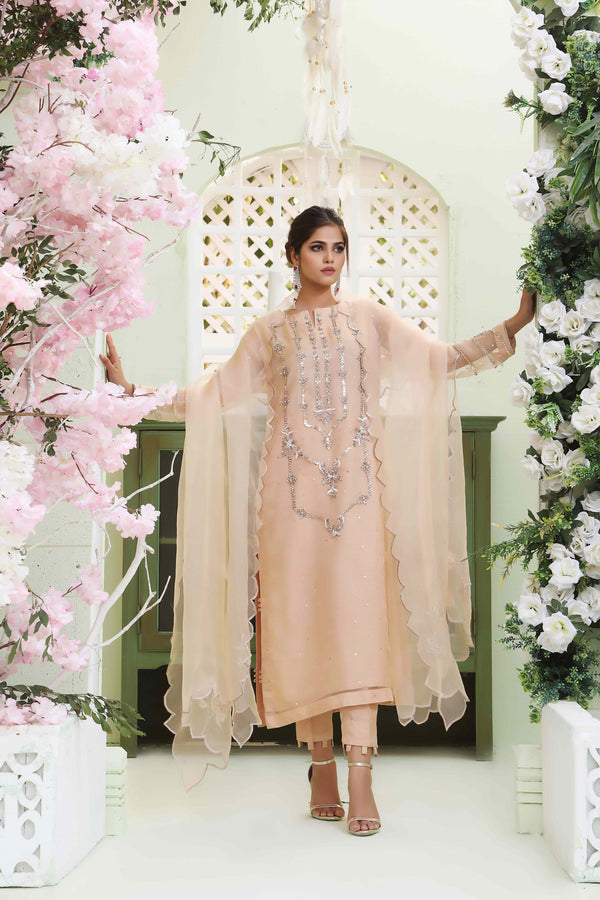 Wahajmkhan | Sitara Formals | NUDE PEACH ORGANZA OUTFIT