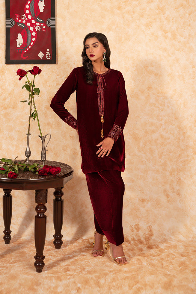 Fozia Khalid | Velvet Deck | Garnet - Official Fozia Khalid - Agha Fabrics UK