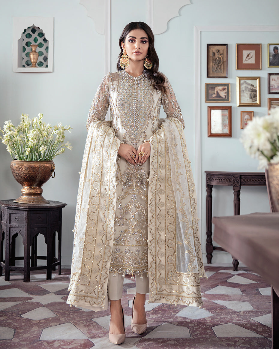 Gulaal | Wedding Formals | Mehr Embroidered Net 3-Piece Suit WS-19 - Official Gulaal - Agha Fabrics UK