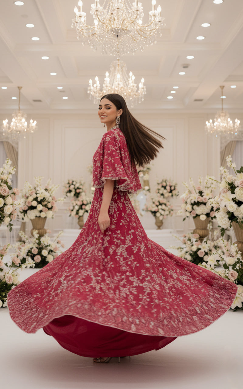 Threads and Motifs | Formal Dresses 25 | Net Embroidered Blouse With Cape And Lehenga