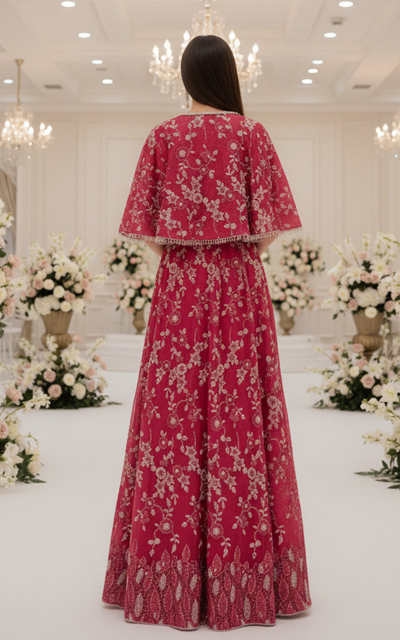 Threads and Motifs | Formal Dresses 25 | Net Embroidered Blouse With Cape And Lehenga