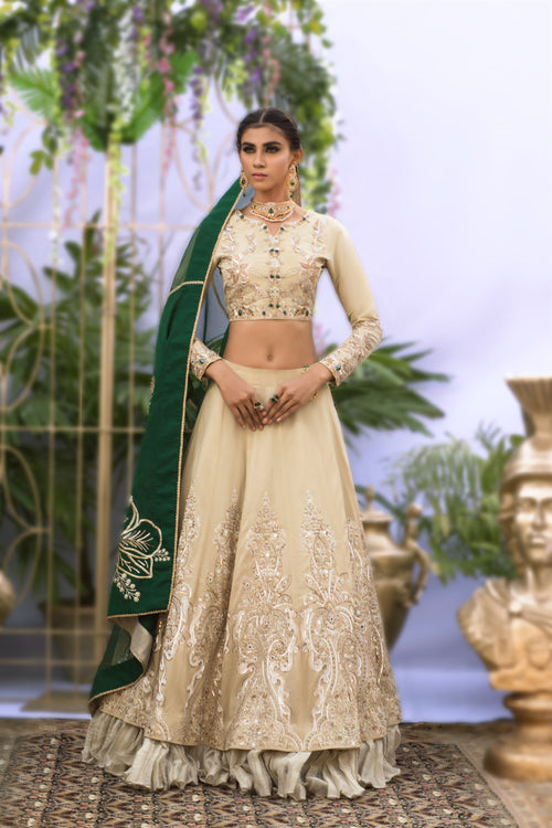 Wahaj M.Khan | Nureh Wedding Formals | Ivory and Jade Lenga Choli