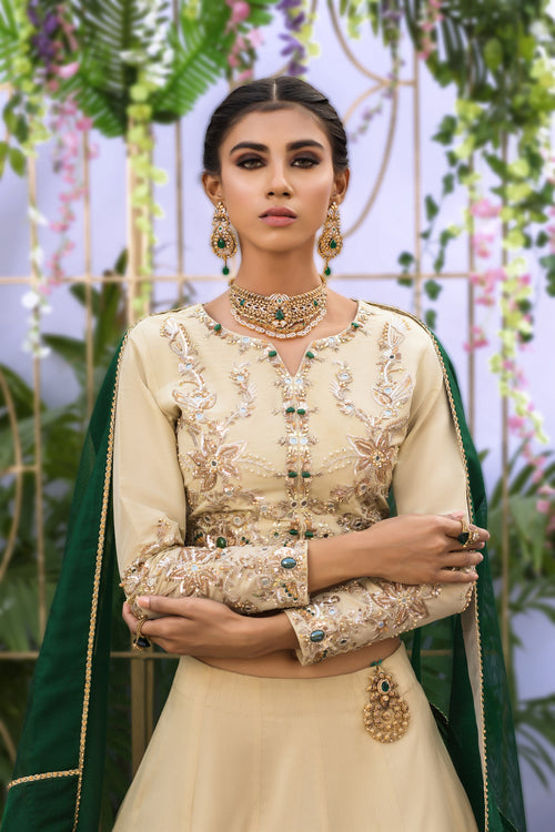 Wahaj M.Khan | Nureh Wedding Formals | Ivory and Jade Lenga Choli