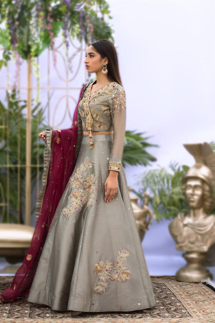 Wahaj M.Khan | Nureh Wedding Formals | Grey and Magenta Lenga Choli