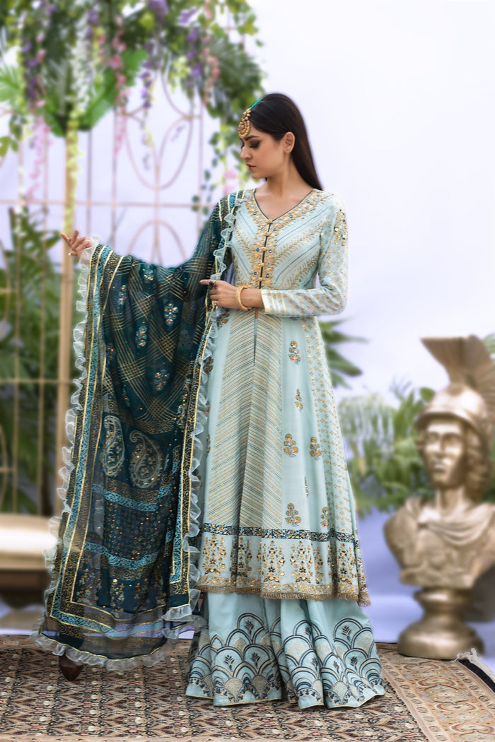 Wahaj M.Khan | Nureh Wedding Formals | Ferozi and Teal BlockPrint Angarkha