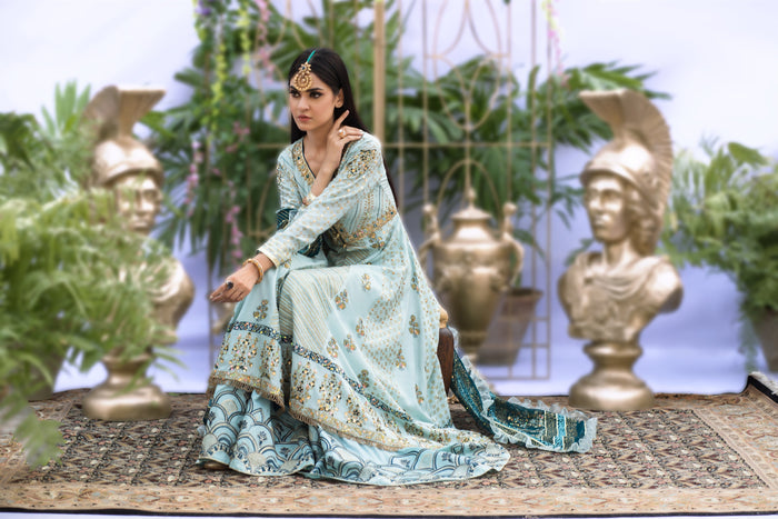 Wahaj M.Khan | Nureh Wedding Formals | Ferozi and Teal BlockPrint Angarkha