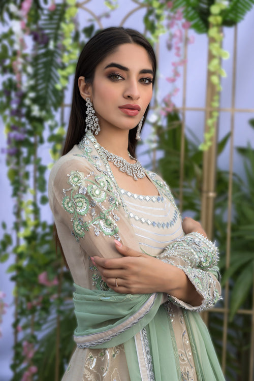 Wahaj M.Khan | Nureh Wedding Formals | Ivory and Mint Green Anarkali