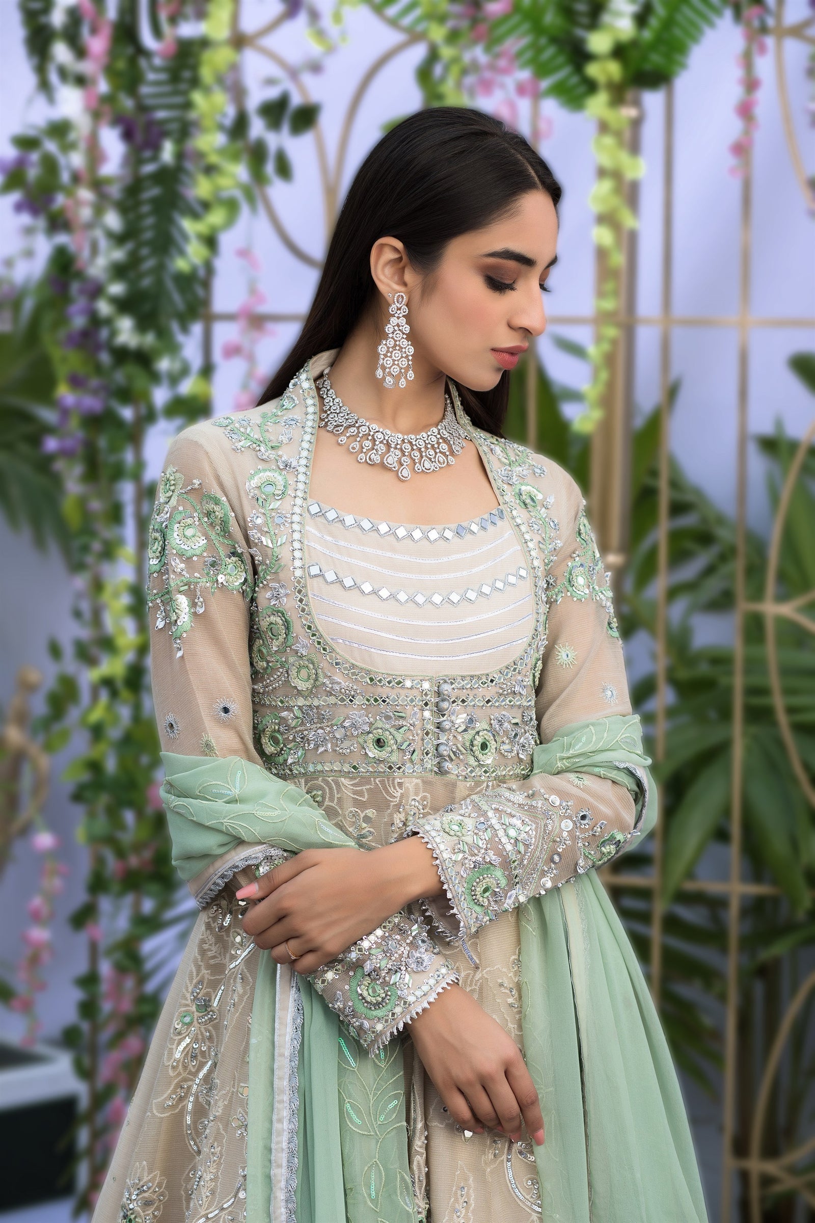 Wahaj M.Khan | Nureh Wedding Formals | Ivory and Mint Green Anarkali