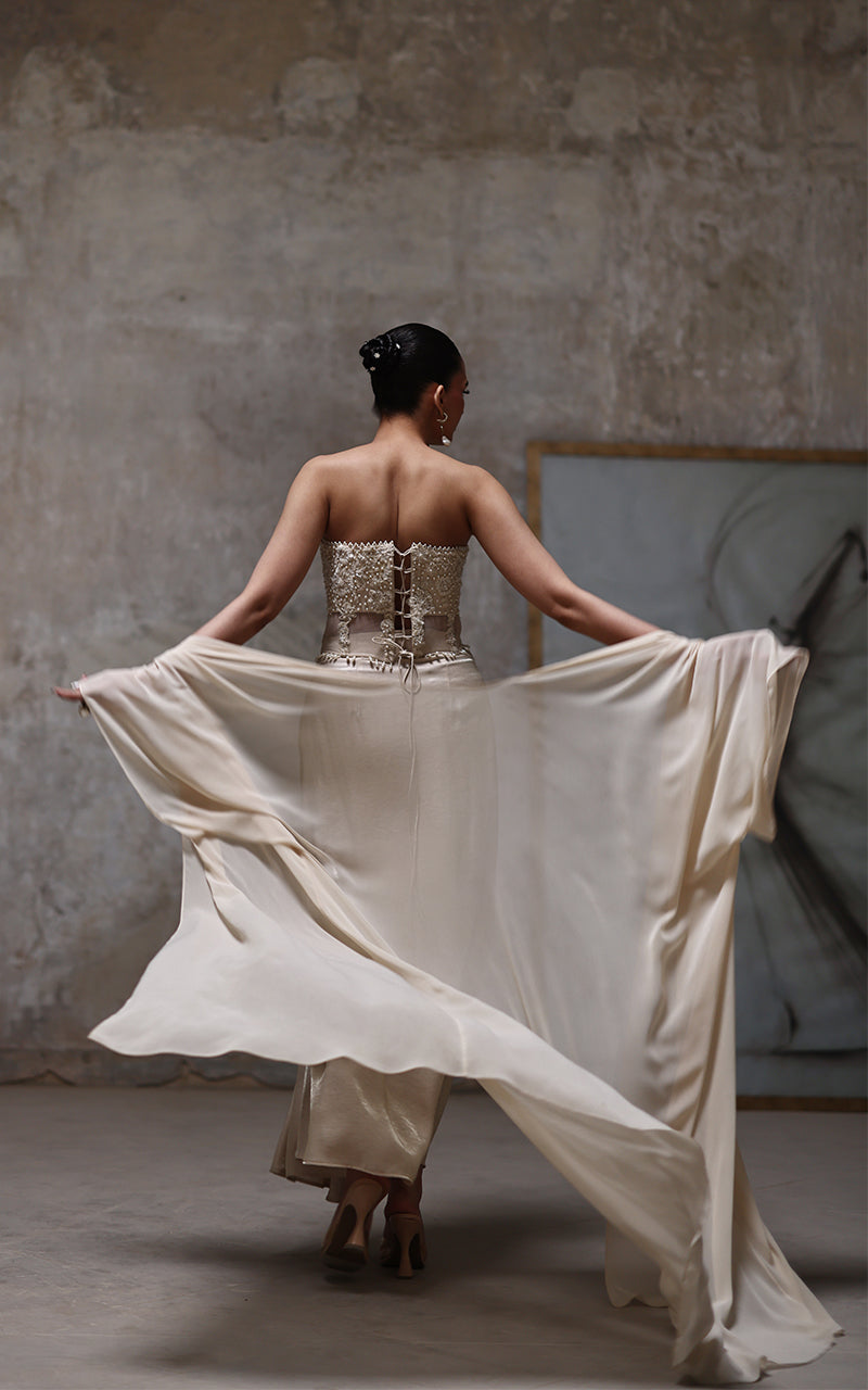 Threads and Motifs | Formal Dresses 25 | Net Embroidered Blouse With Chiffon Cape And Skirt