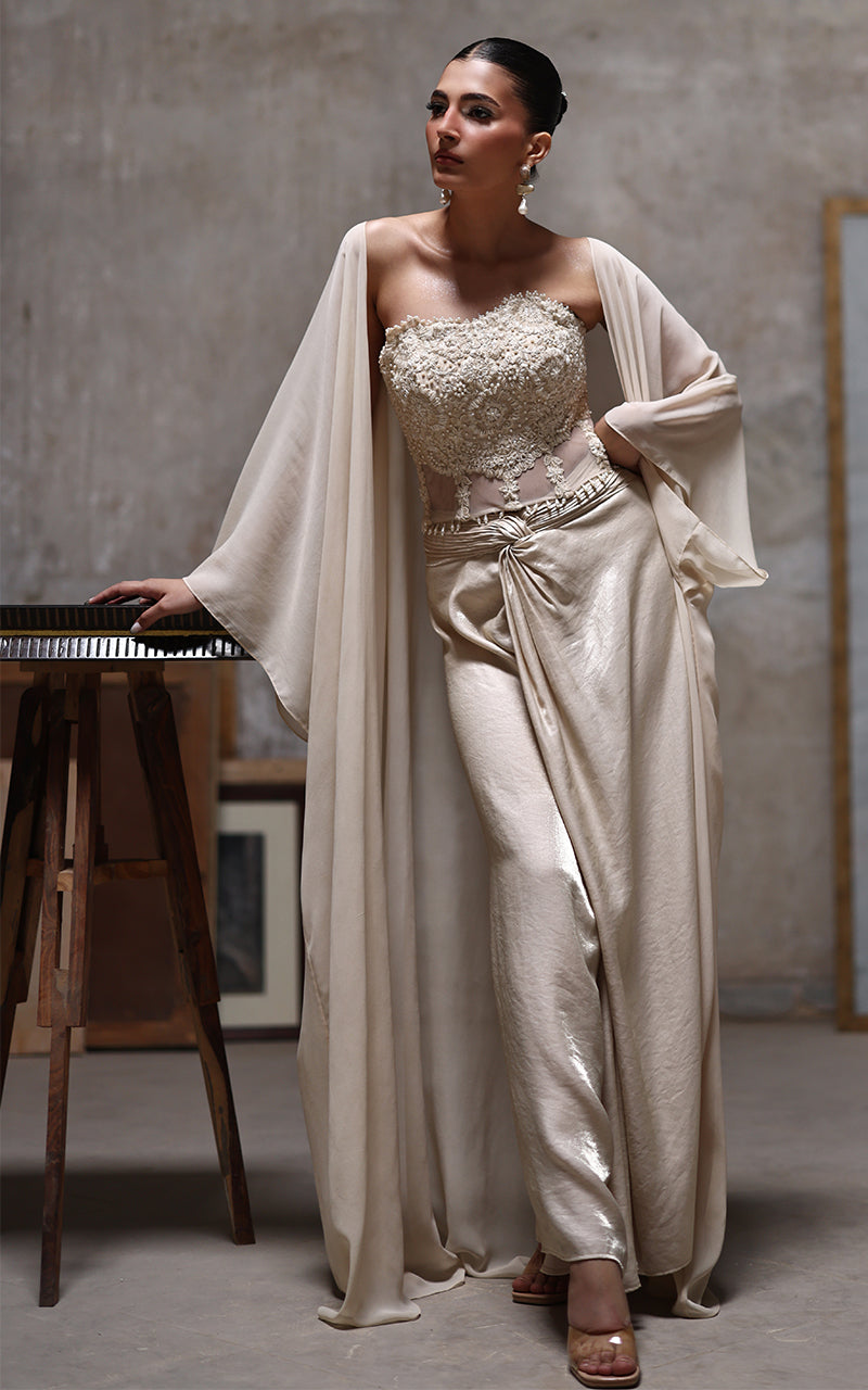 Threads and Motifs | Formal Dresses 25 | Net Embroidered Blouse With Chiffon Cape And Skirt
