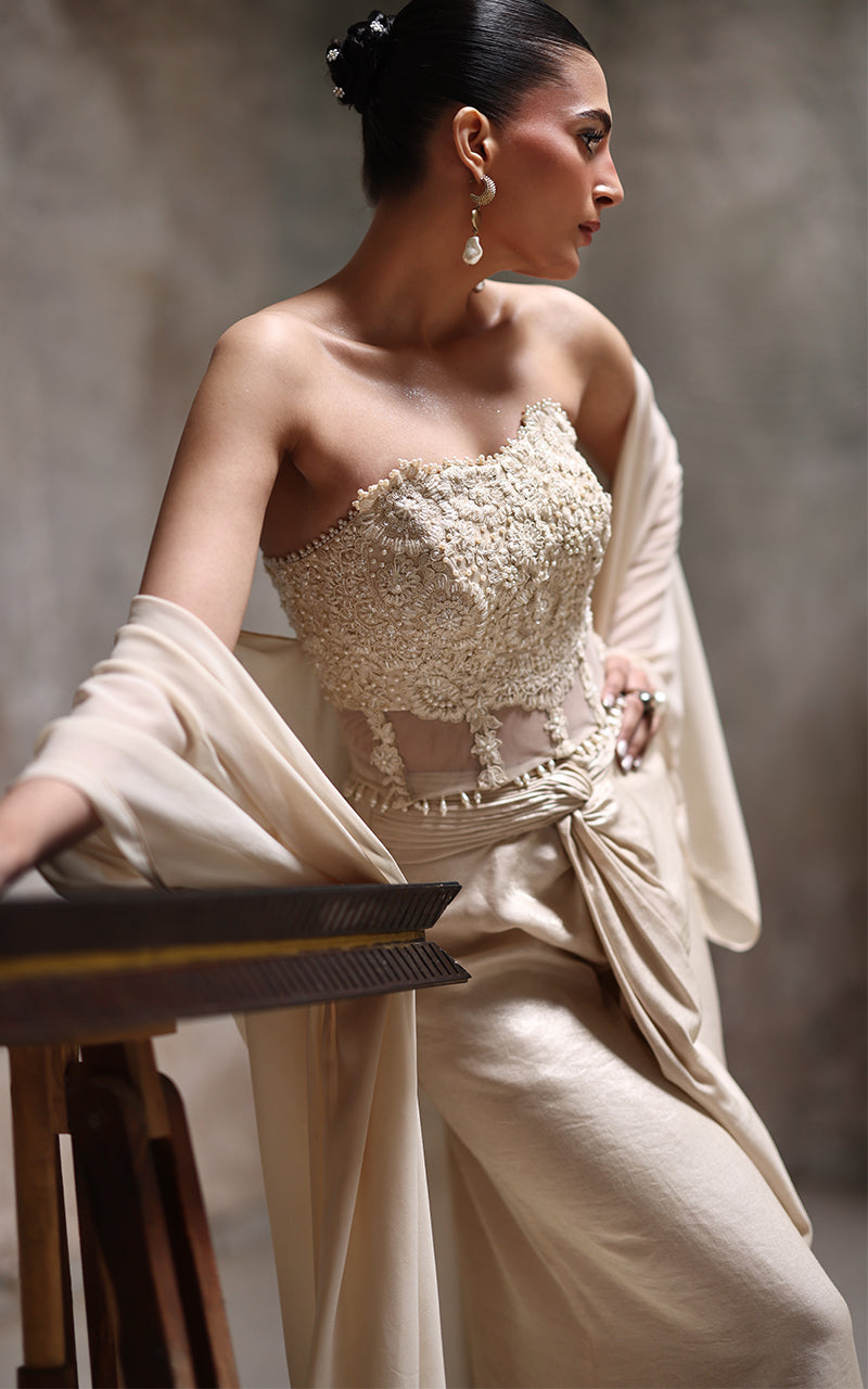 Threads and Motifs | Formal Dresses 25 | Net Embroidered Blouse With Chiffon Cape And Skirt