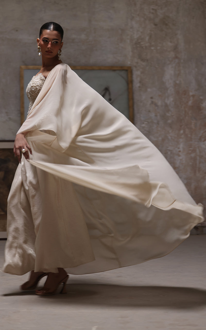 Threads and Motifs | Formal Dresses 25 | Net Embroidered Blouse With Chiffon Cape And Skirt