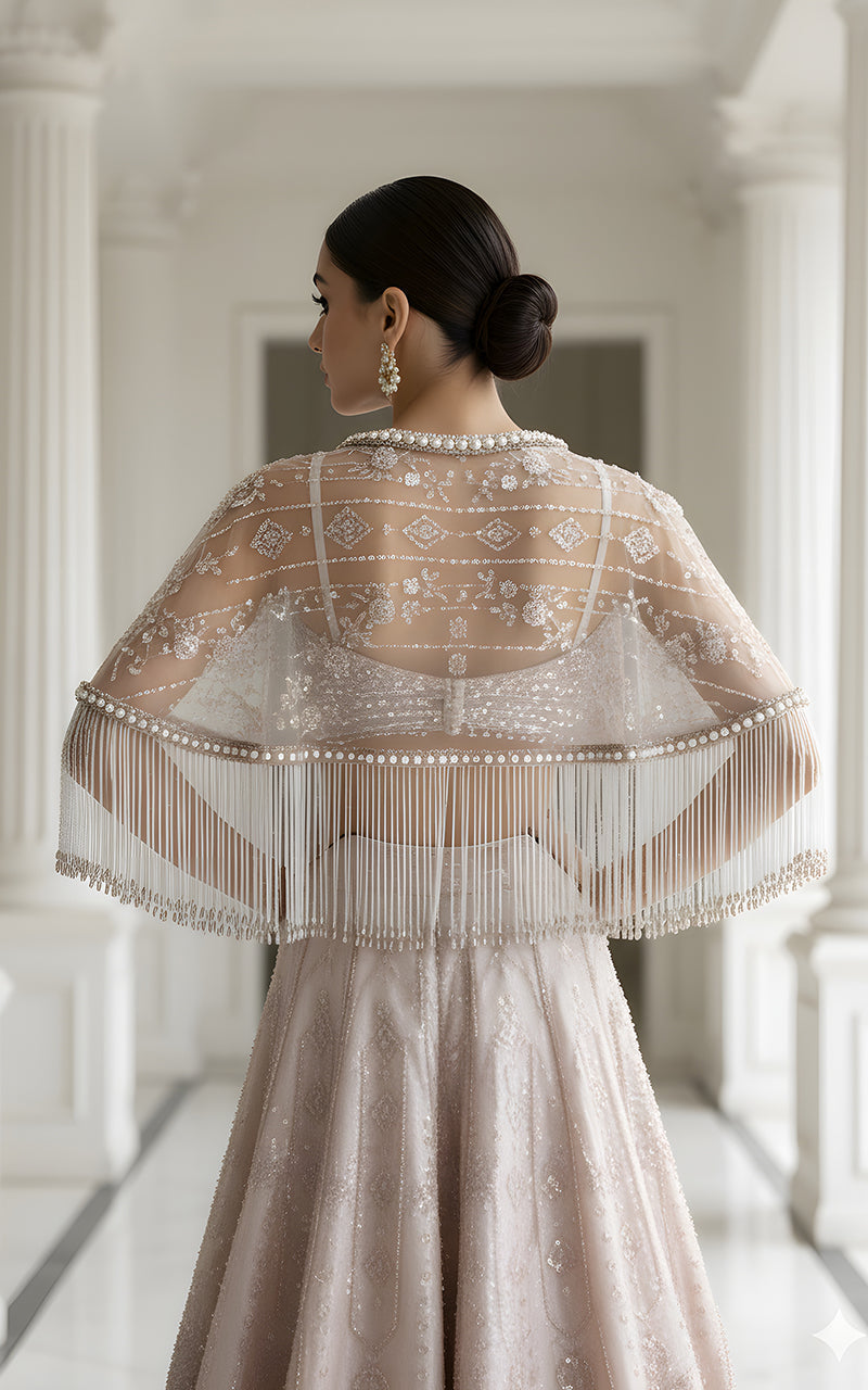 Threads and Motifs | Formal Dresses 25 | Net Embroidered Blouse With Cape And Lehenga