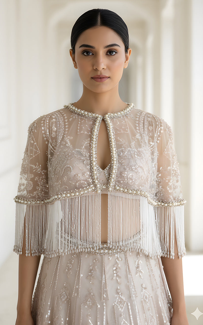 Threads and Motifs | Formal Dresses 25 | Net Embroidered Blouse With Cape And Lehenga