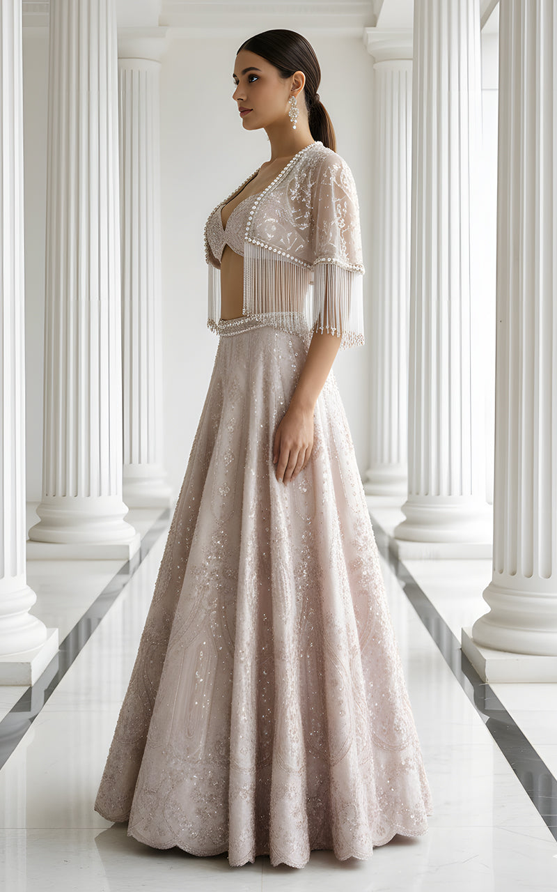 Threads and Motifs | Formal Dresses 25 | Net Embroidered Blouse With Cape And Lehenga