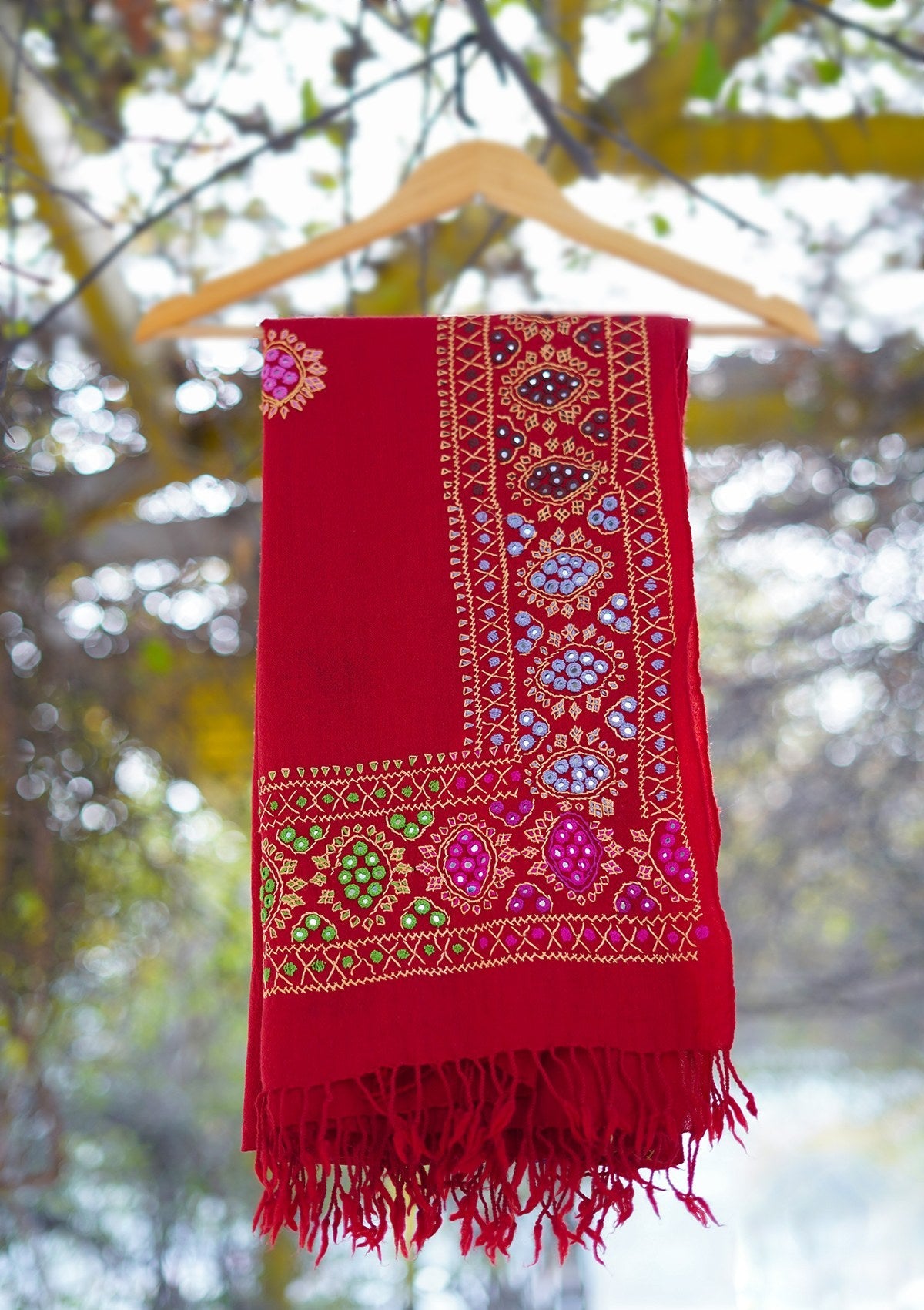 Wool Needle Work Shawl D - 36 - Red