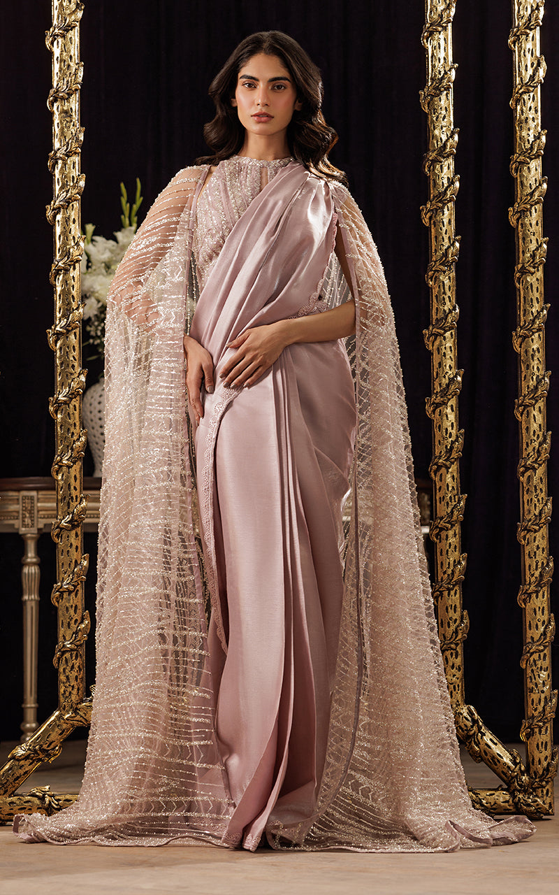 Threads and Motifs | Formal Dresses 25 | Net Embroidered Cape With Blouse And Skirt Saree