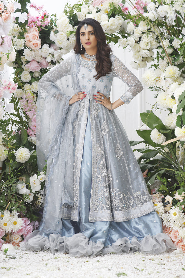 Wahajmkhan | Eden wedding Formals | ICE BLUE ANARKALI WITH FRILL LENGA