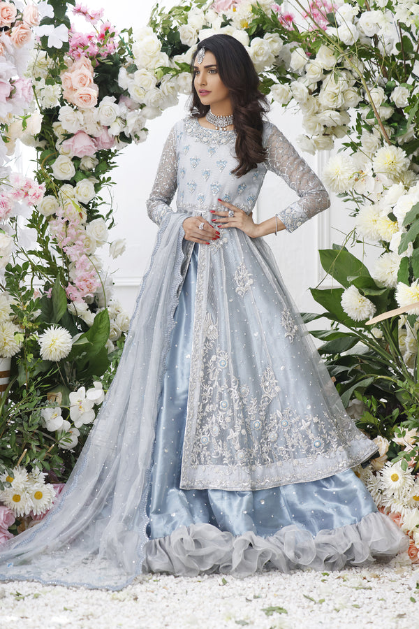 Wahajmkhan | Eden wedding Formals | ICE BLUE ANARKALI WITH FRILL LENGA