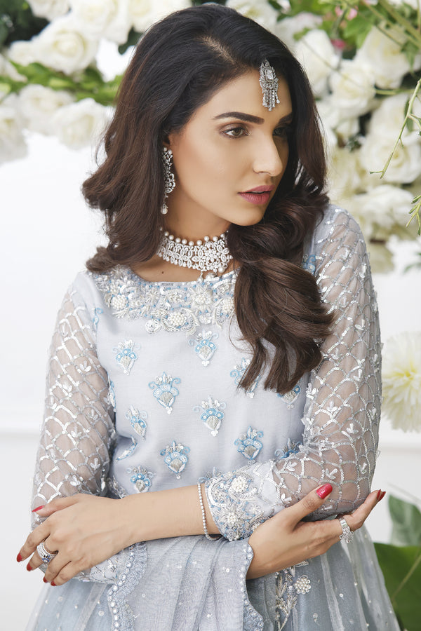 Wahajmkhan | Eden wedding Formals | ICE BLUE ANARKALI WITH FRILL LENGA