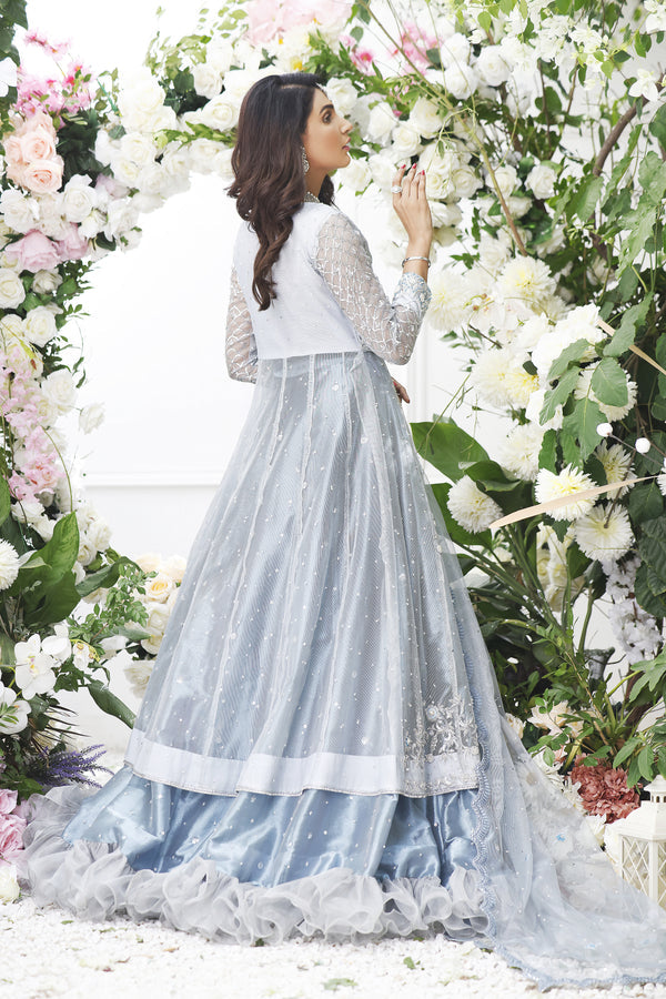 Wahajmkhan | Eden wedding Formals | ICE BLUE ANARKALI WITH FRILL LENGA
