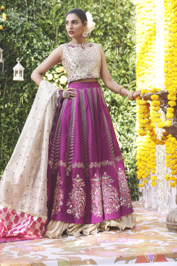 Wahajmbegum | Mehrunnisa Wedding Formals | PURPLE GOLD LEHNGA