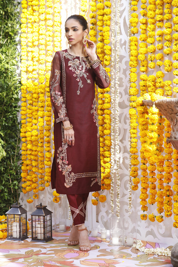 Wahajmbegum | Mehrunnisa Wedding Formals | MAROON BOX SHIRT OUTFIT