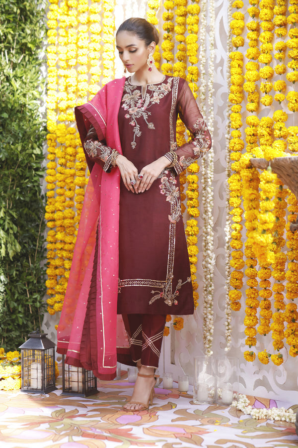 Wahajmbegum | Mehrunnisa Wedding Formals | MAROON BOX SHIRT OUTFIT