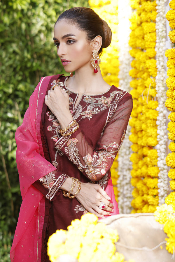 Wahajmbegum | Mehrunnisa Wedding Formals | MAROON BOX SHIRT OUTFIT