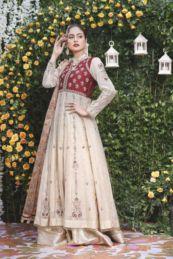 Wahajmbegum | Mehrunnisa Wedding Formals | MAROON IVORY ANARKALI