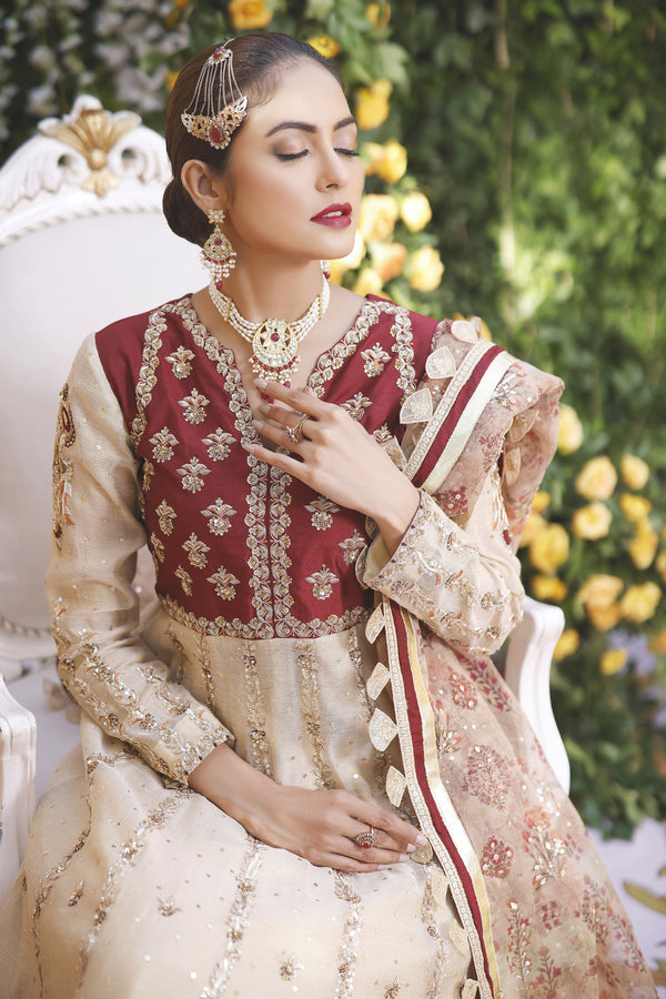 Wahajmbegum | Mehrunnisa Wedding Formals | MAROON IVORY ANARKALI